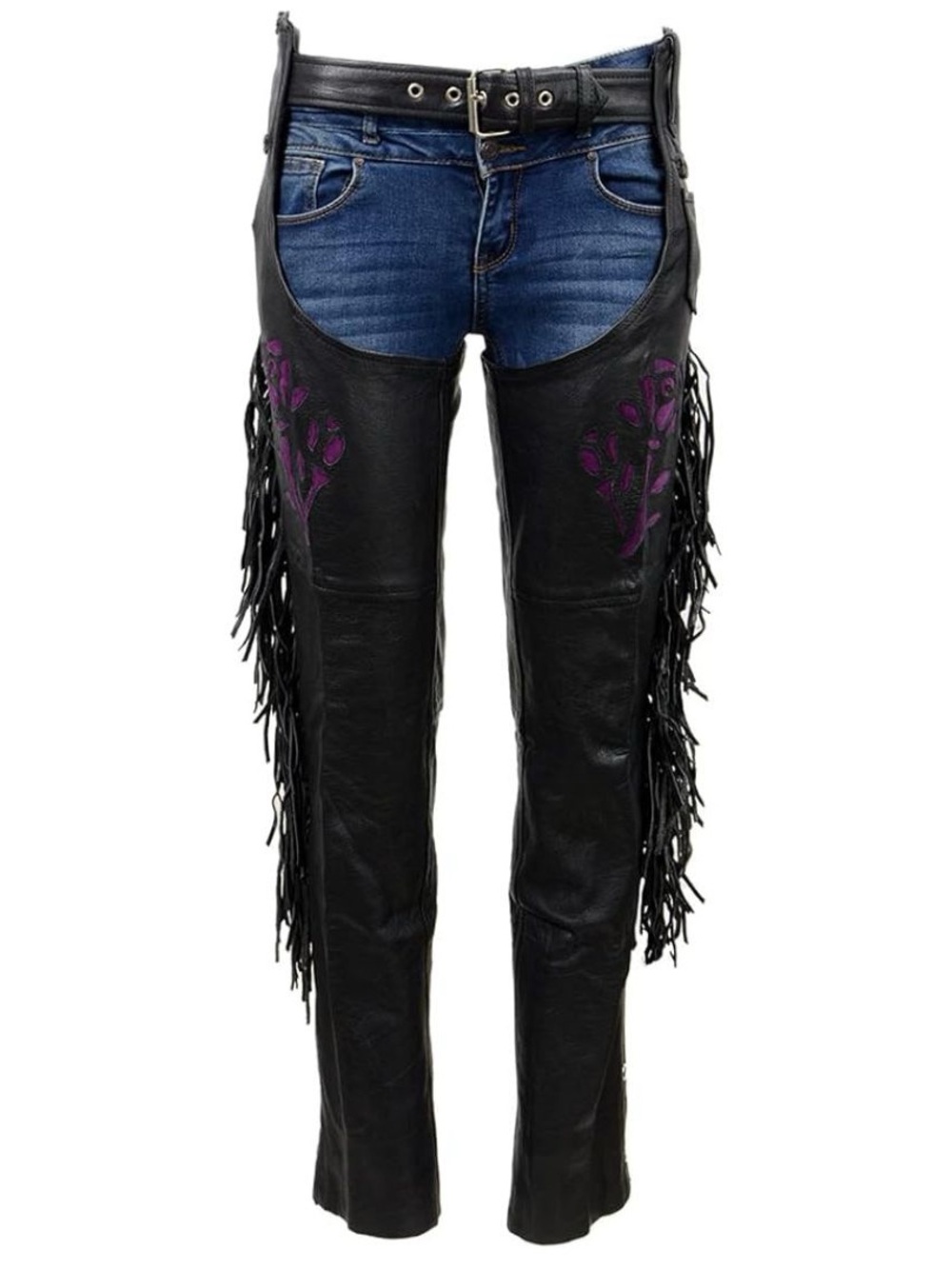 Unik Black Leather Chaps with Fringe and Detail.